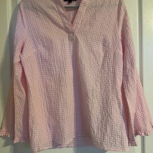 Duffield Lane Pink and White Gingham Relaxed Ruffle 3/4 Bell Sleeve Blouse Top S
